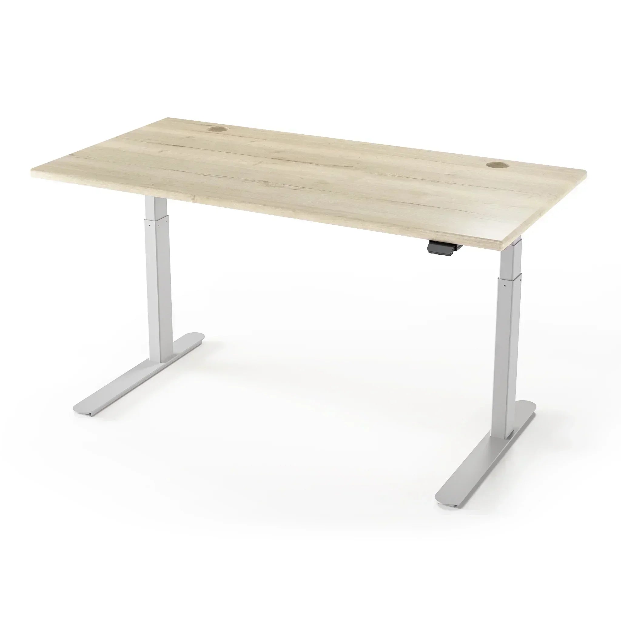 Lander Standing Desk in 3D Laminate 30x65-Natural Oak-Silver-With Grommet Holes-iMovR