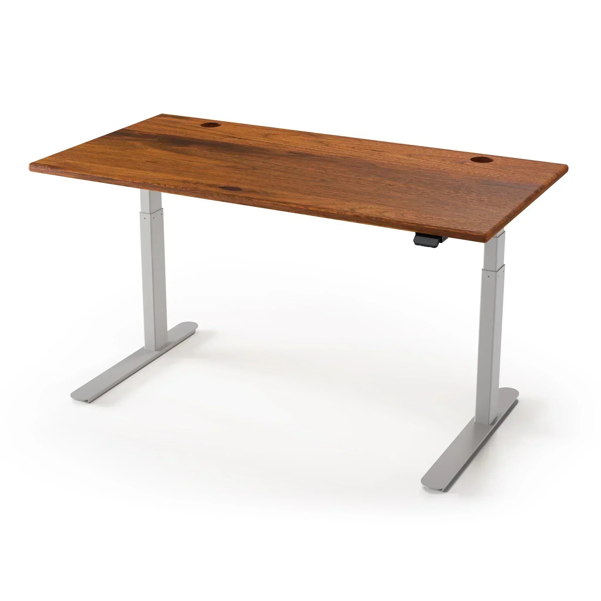 Lander Standing Desk in Solid Wood 30x95-Amber Walnut Rustic-Silver-With Grommet Holes-iMovR