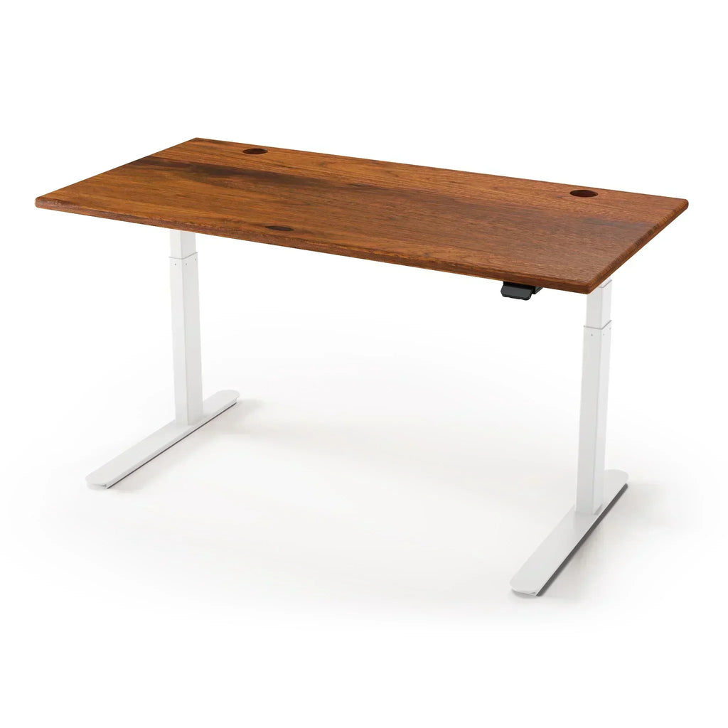 Lander Standing Desk in Solid Wood 30x95-Amber Walnut Rustic-White-With Grommet Holes-iMovR