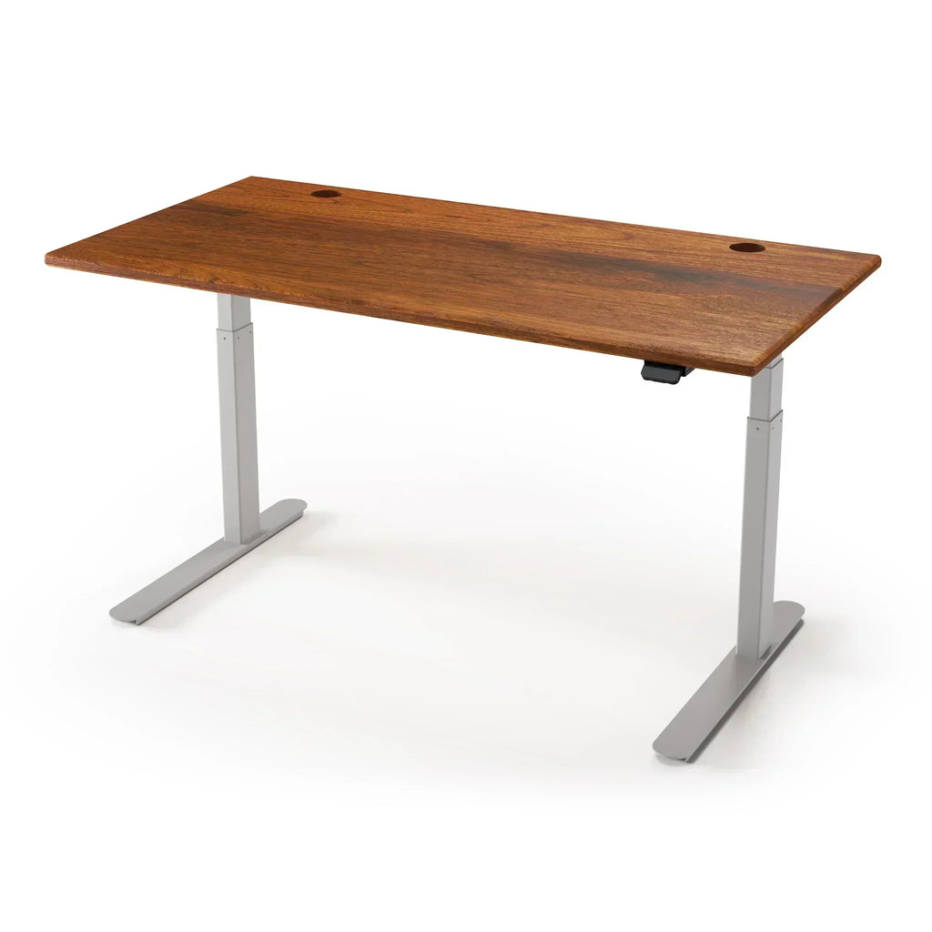 Lander Standing Desk in Solid Wood 30x95-Amber Walnut Select-Silver-With Grommet Holes-iMovR
