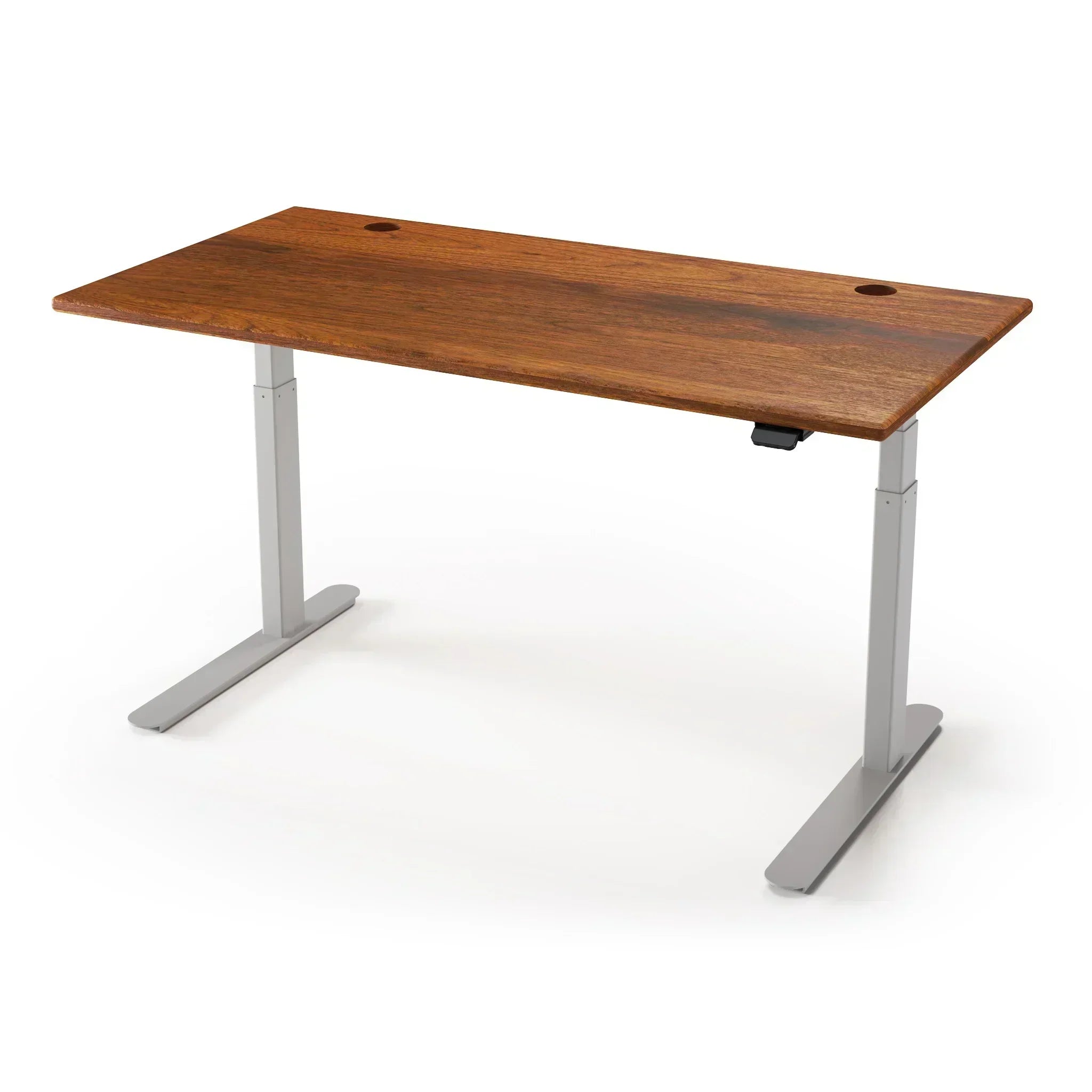 Lander Standing Desk in Solid Wood 30x95-Amber Walnut Select-Silver-With Grommet Holes-iMovR