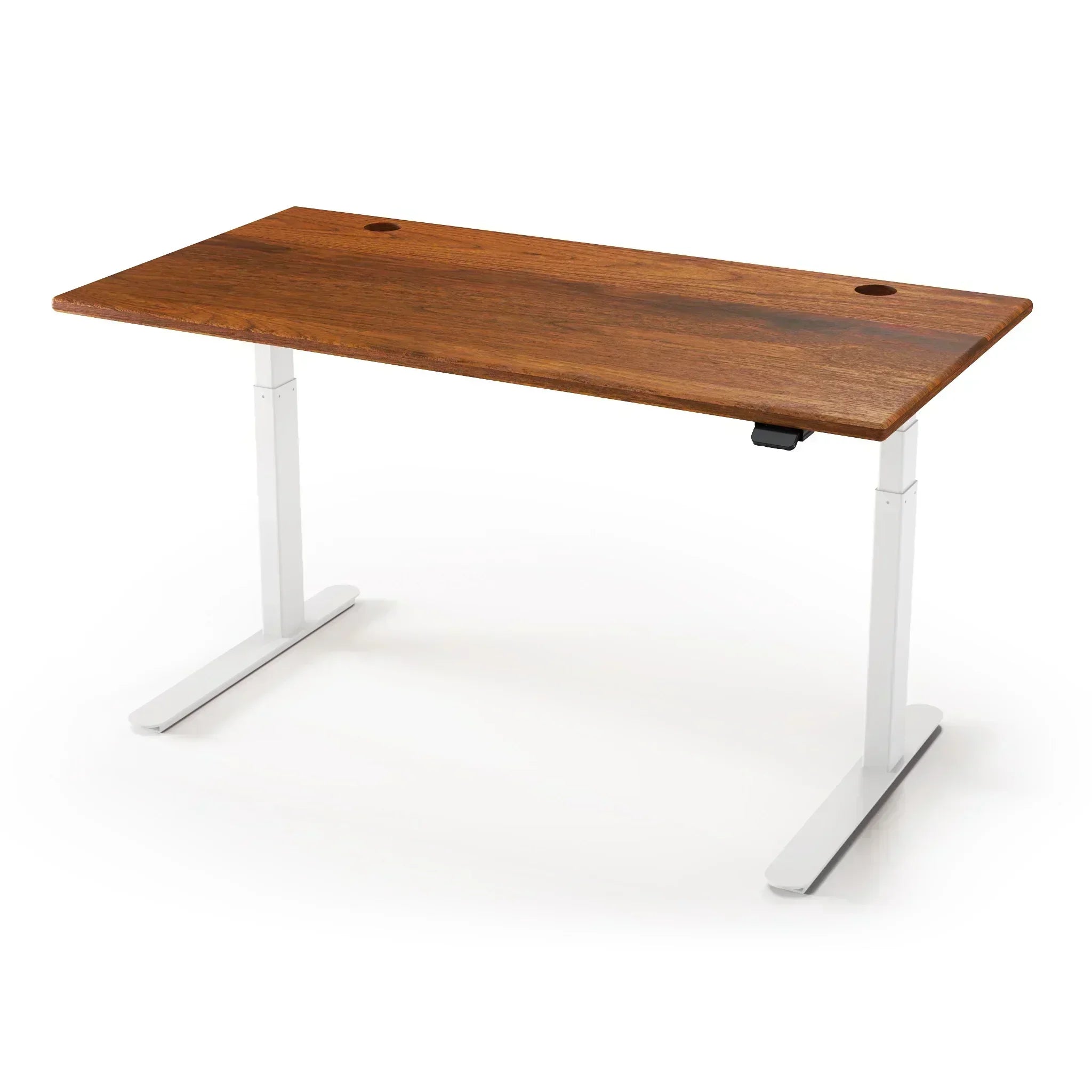 Lander Standing Desk in Solid Wood 30x95-Amber Walnut Select-White-With Grommet Holes-iMovR