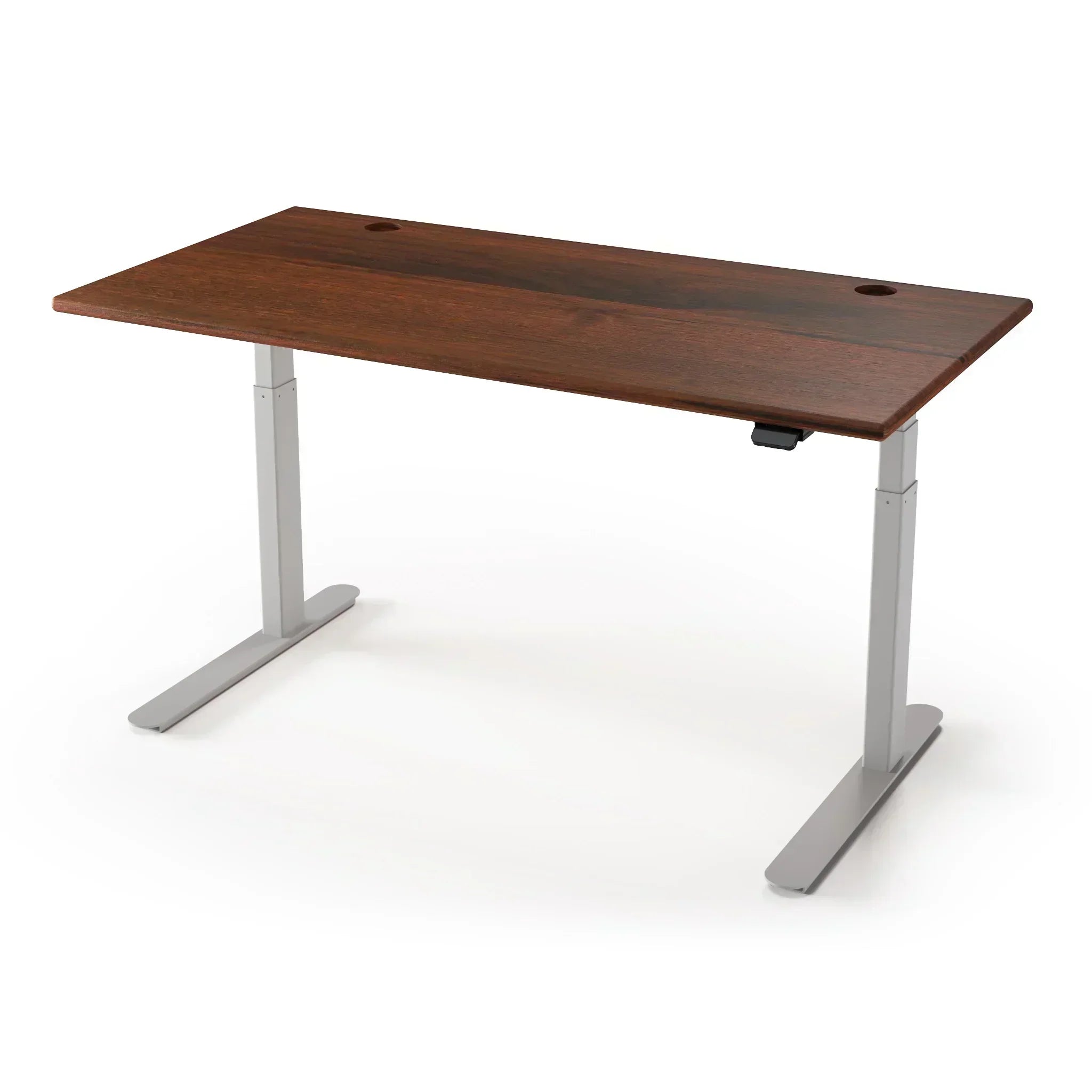 Lander Standing Desk in Solid Wood 30x95-Caramel Walnut Rustic-Silver-With Grommet Holes-iMovR