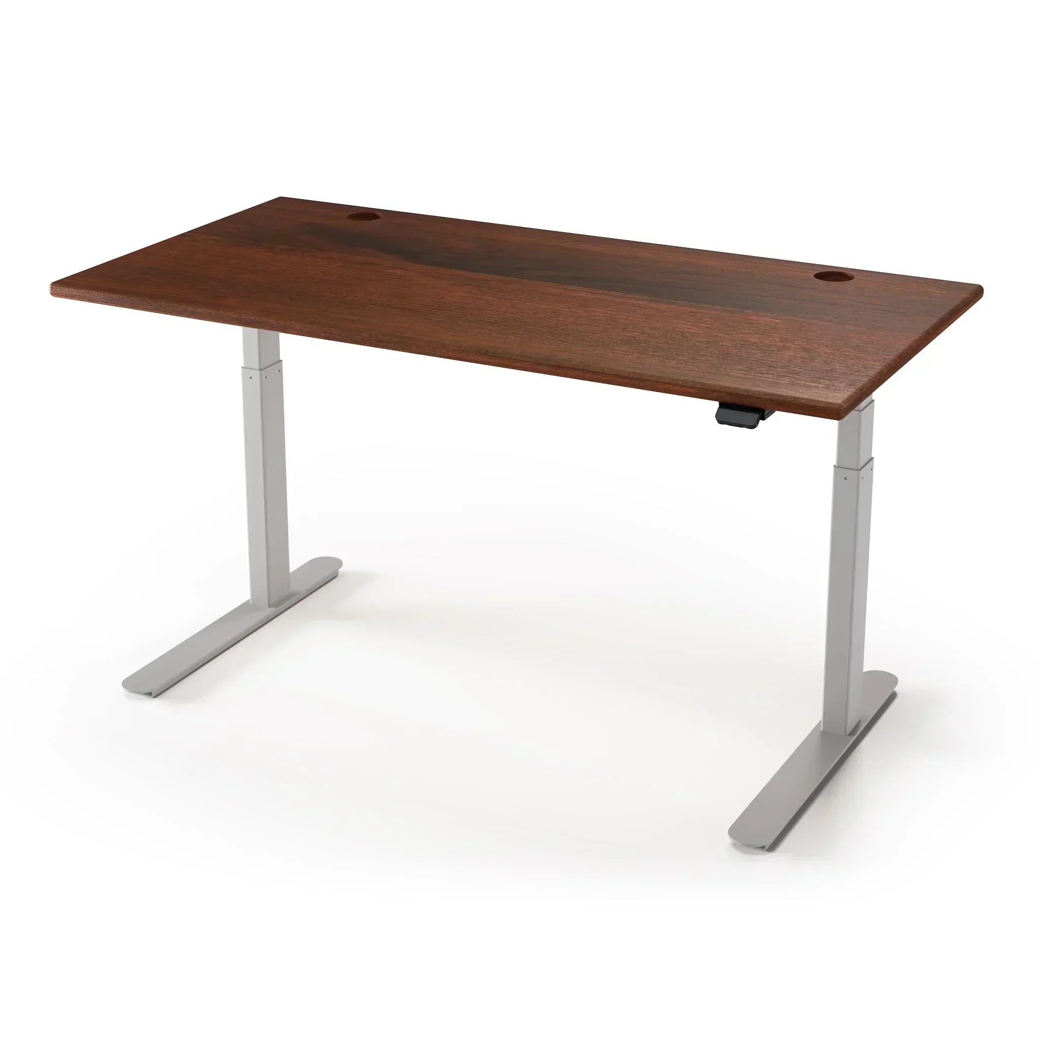 Lander Standing Desk in Solid Wood 30x95-Caramel Walnut Select-Silver-With Grommet Holes-iMovR