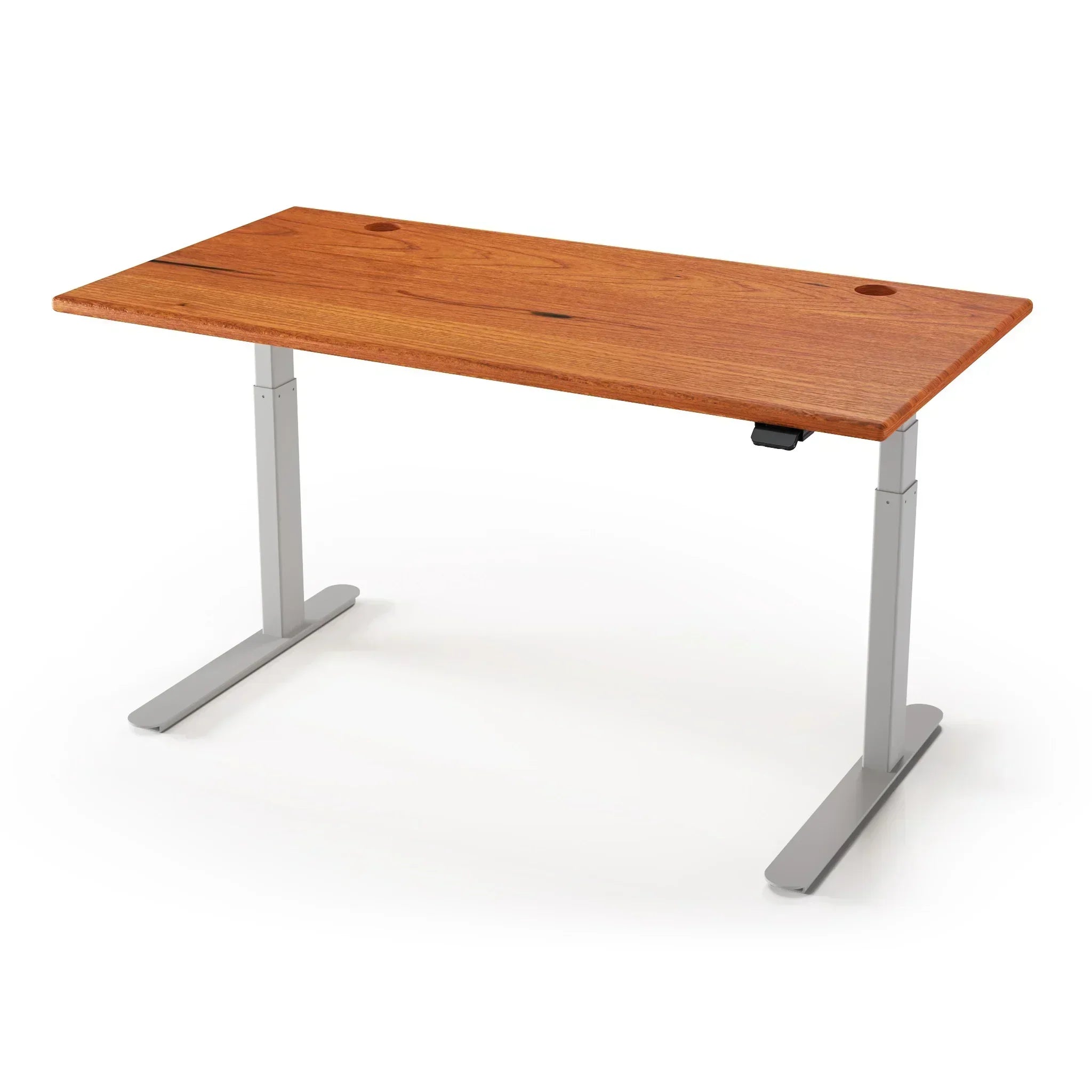 Lander Standing Desk in Solid Wood 30x95-Light Cherry Rustic-Silver-With Grommet Holes-iMovR