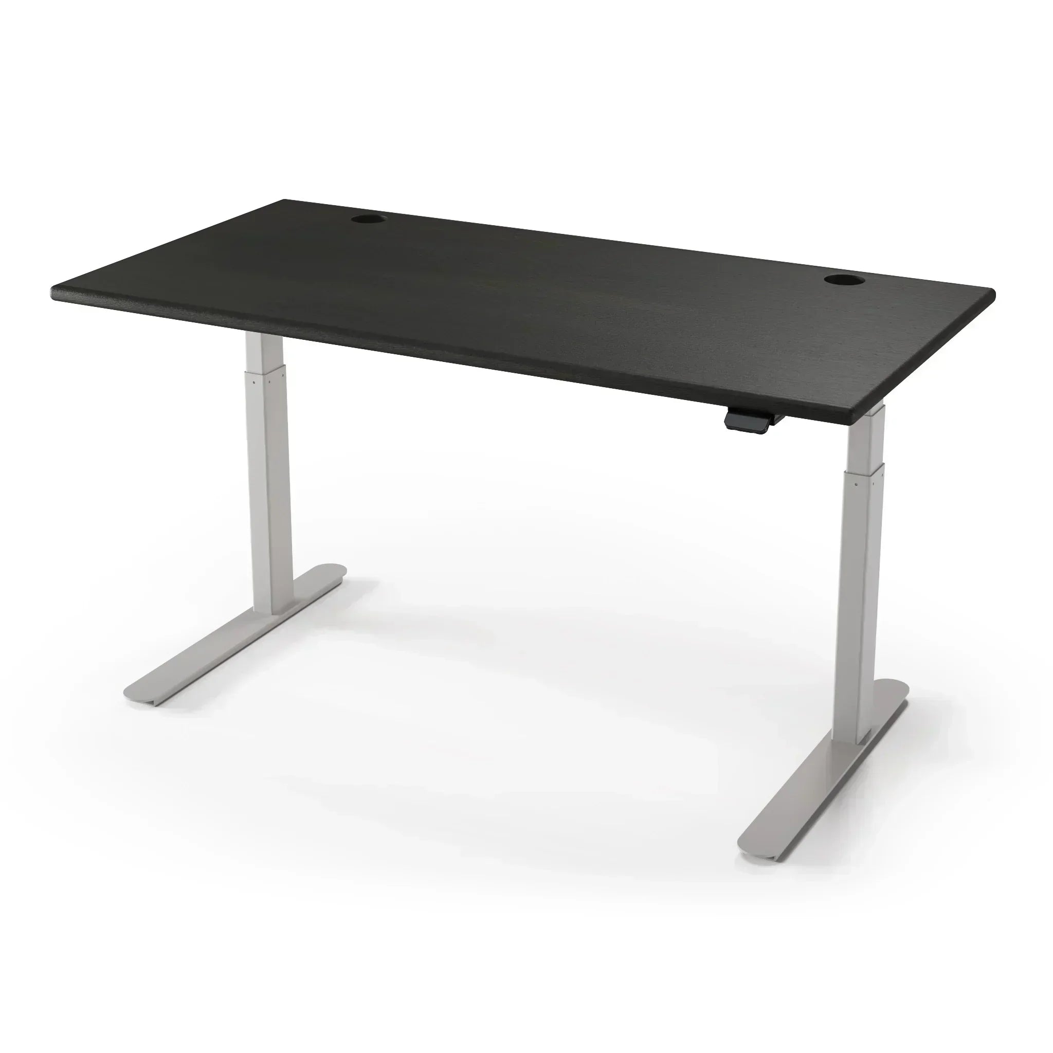 Lander Standing Desk in Solid Wood 30x95-Midnight Maple-Silver-With Grommet Holes-iMovR