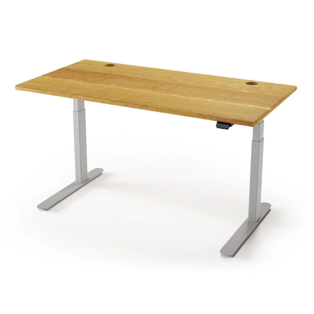 Lander Standing Desk in Solid Wood 30x95-Natural Quartersawn White Oak-Silver-With Grommet Holes-iMovR