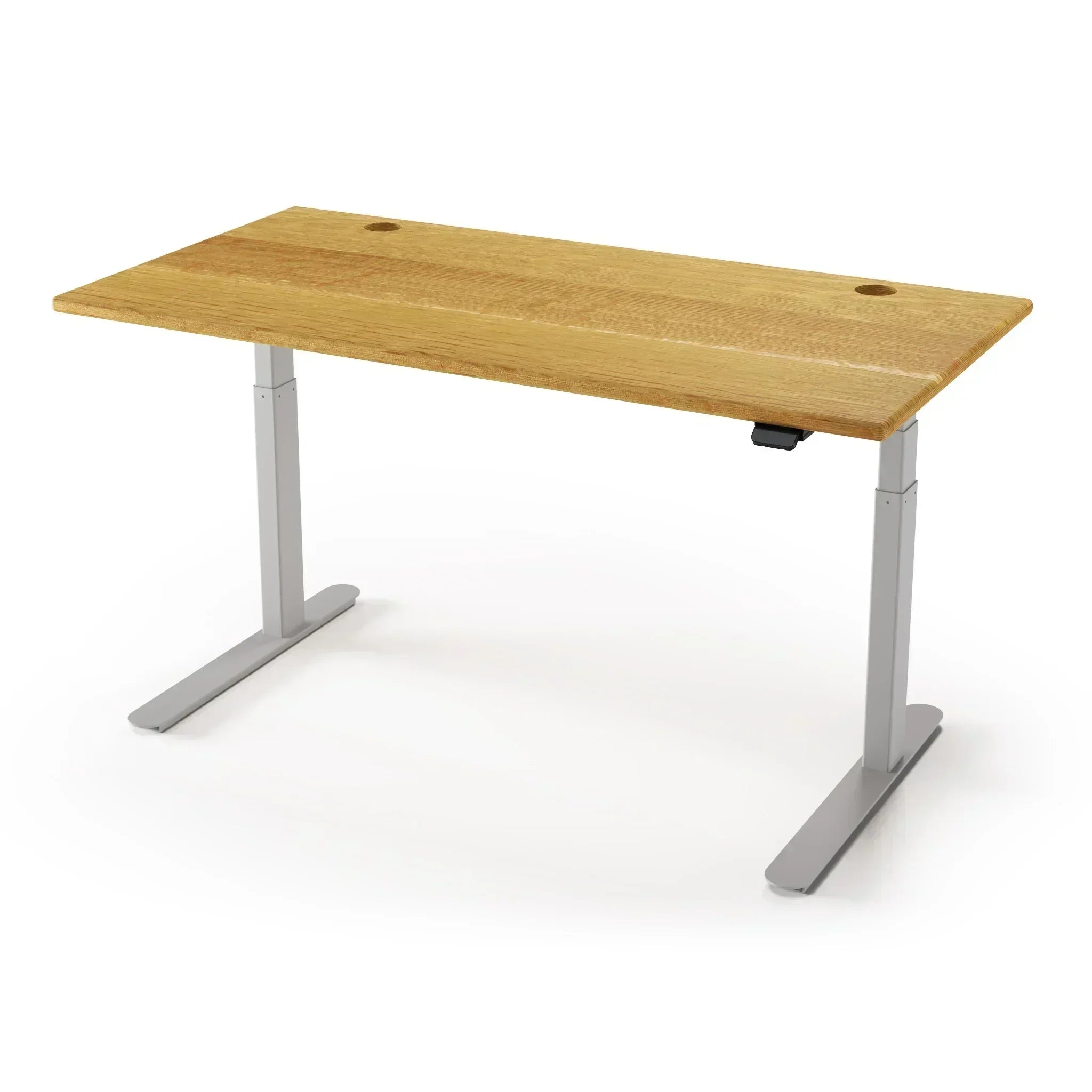 Lander Standing Desk in Solid Wood 30x95-Natural Quartersawn White Oak-Silver-With Grommet Holes-iMovR