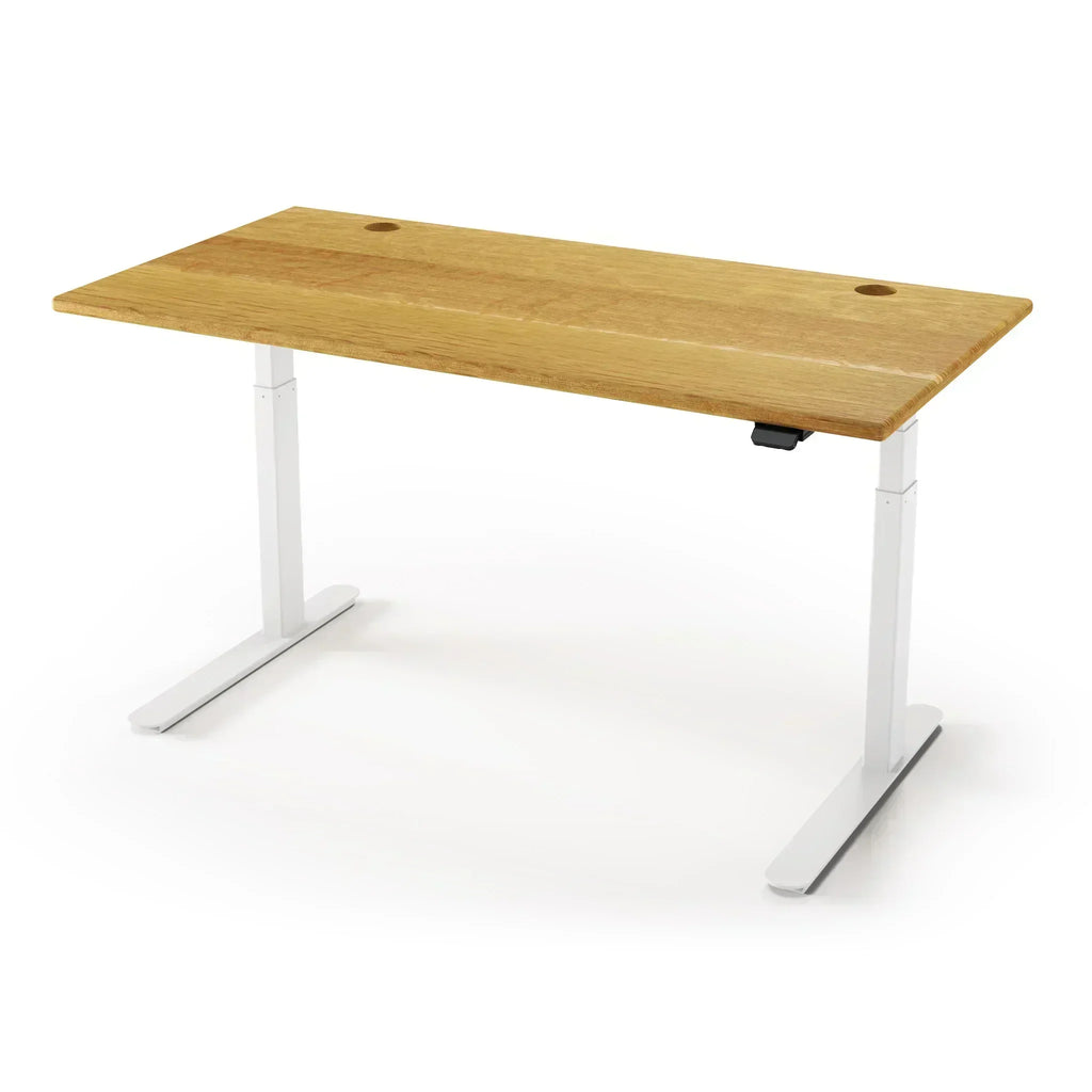 Lander Standing Desk in Solid Wood 30x95-Natural Quartersawn White Oak-White-With Grommet Holes-iMovR