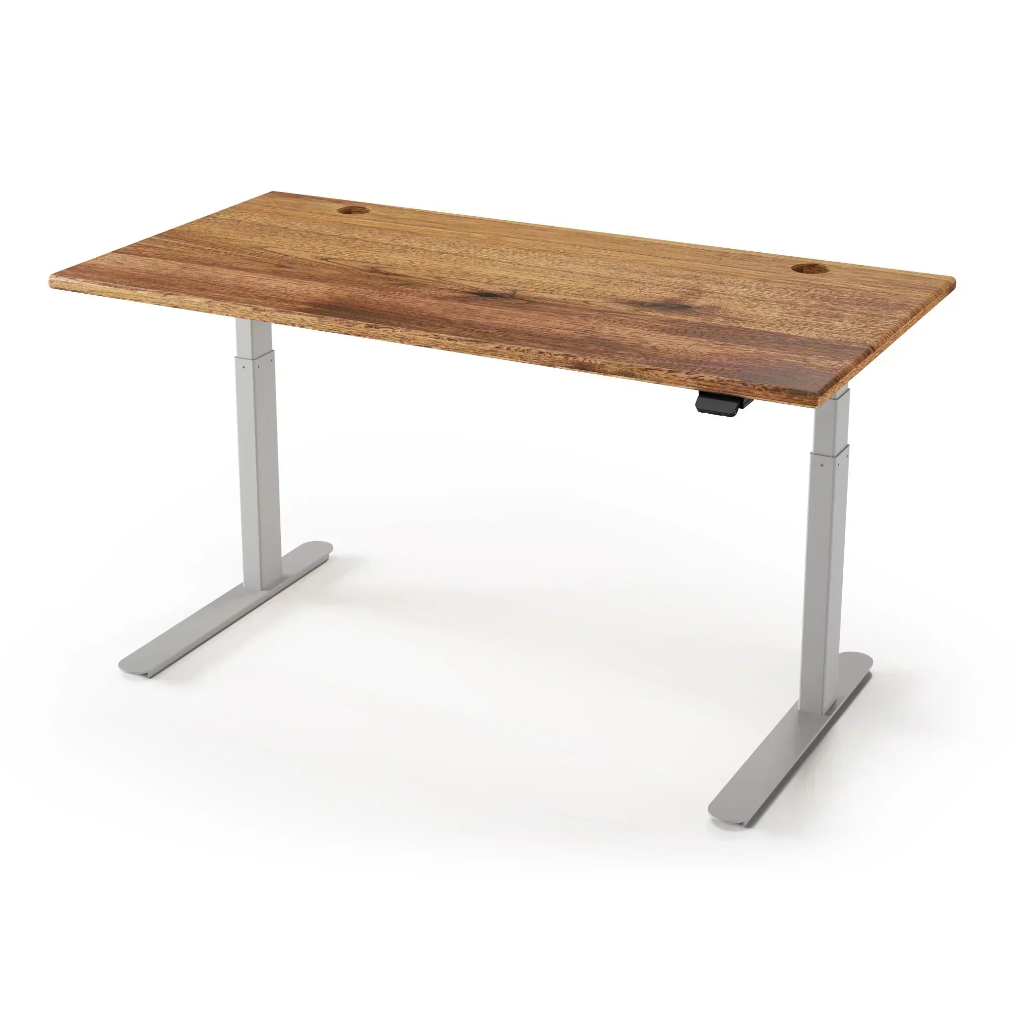 Lander Standing Desk in Solid Wood 30x95-Natural Walnut Rustic-Silver-With Grommet Holes-iMovR