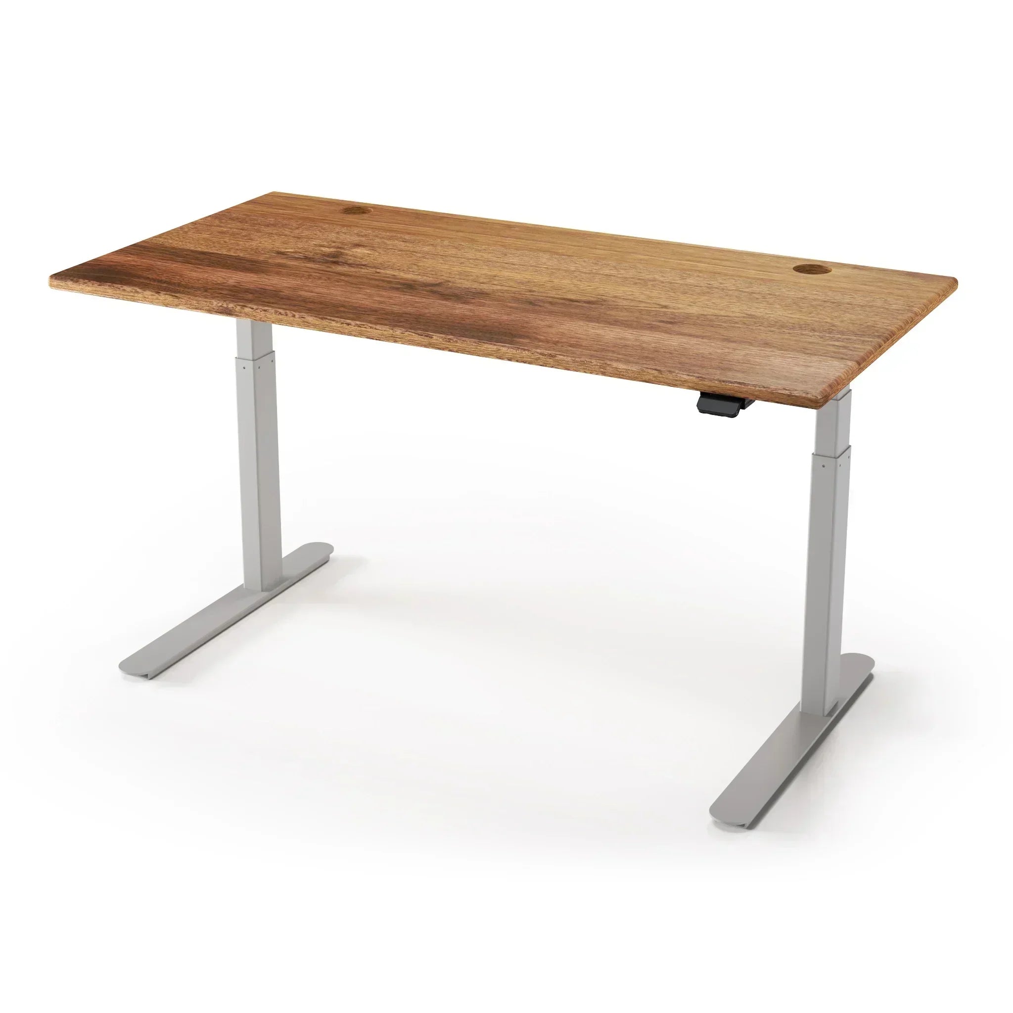 Lander Standing Desk in Solid Wood 30x95-Natural Walnut Select-Silver-With Grommet Holes-iMovR