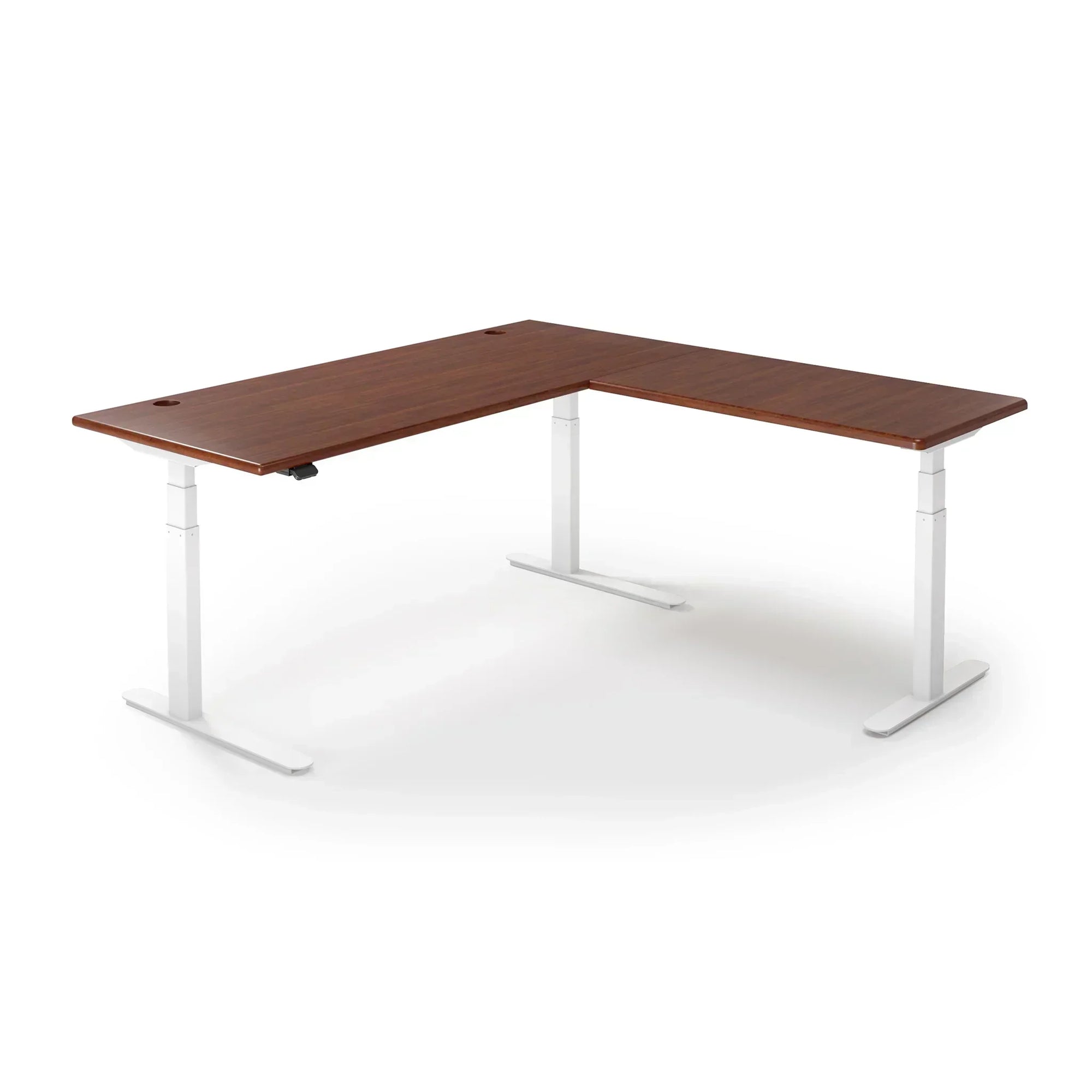 Lander Standing L-Desk in 3D Laminate 30x95 Main-Shaker Cherry-White-With Grommet Holes-iMovR