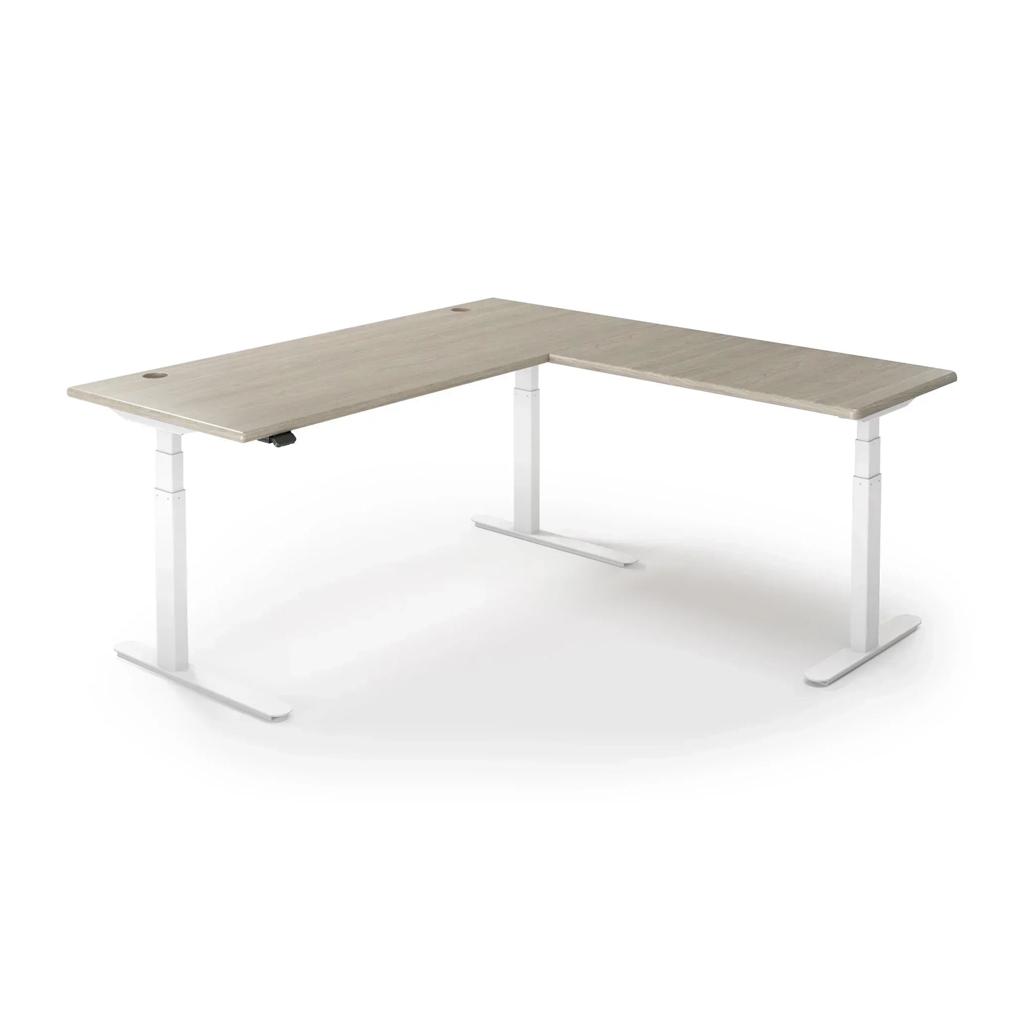 Lander Standing L-Desk in 3D Laminate 30x95 Main-Swiss Elm-White-With Grommet Holes-iMovR