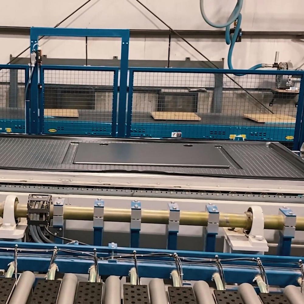 A 3D laminate desktop on the assembly line.