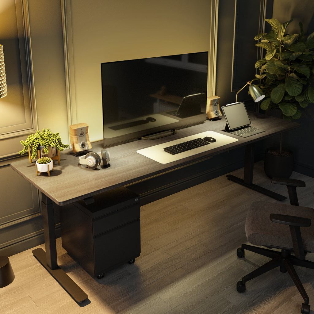 iMovR P1 Elite Adjustable Standing Desk in home office with chair and mobile file