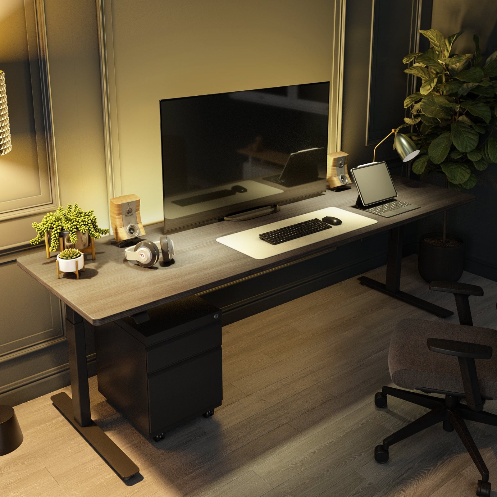 iMovR P1 Elite Adjustable Standing Desk in home office with chair and mobile file