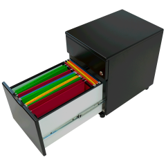 mobile file cabinet in black with drawer open full of files