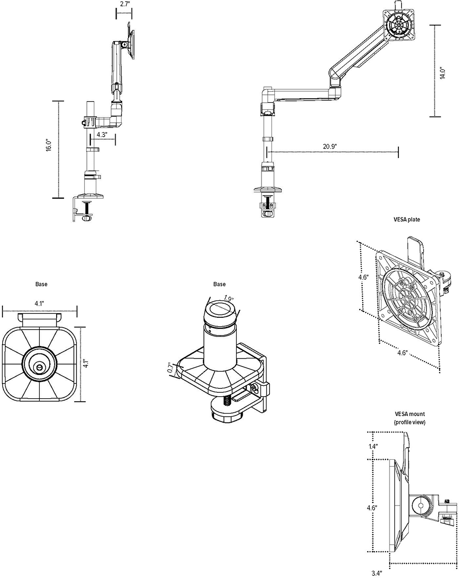 Compass Single Monitor Arm Technical Diagram