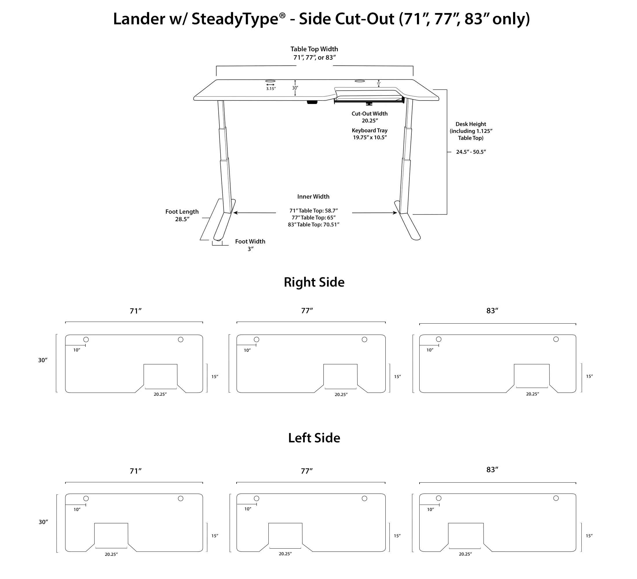 Lander Desk Measurements with left side/right side SteadyType Keyboard Trays